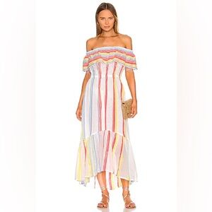 LEMLEM | Anthropologie Beach Dress in Stripes Lemon Zest High Low Off Shoulders